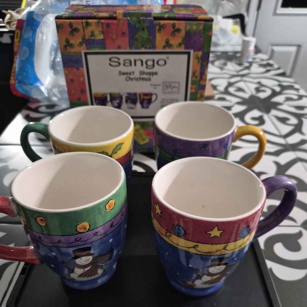 NEW, Christmas Snowman Mugs, Sango Sweet Shoppe Set of 4, MPN 3041-50 Sue Zipkin